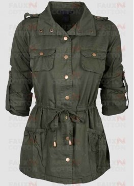 Women Military Green Belted Cotton Coat